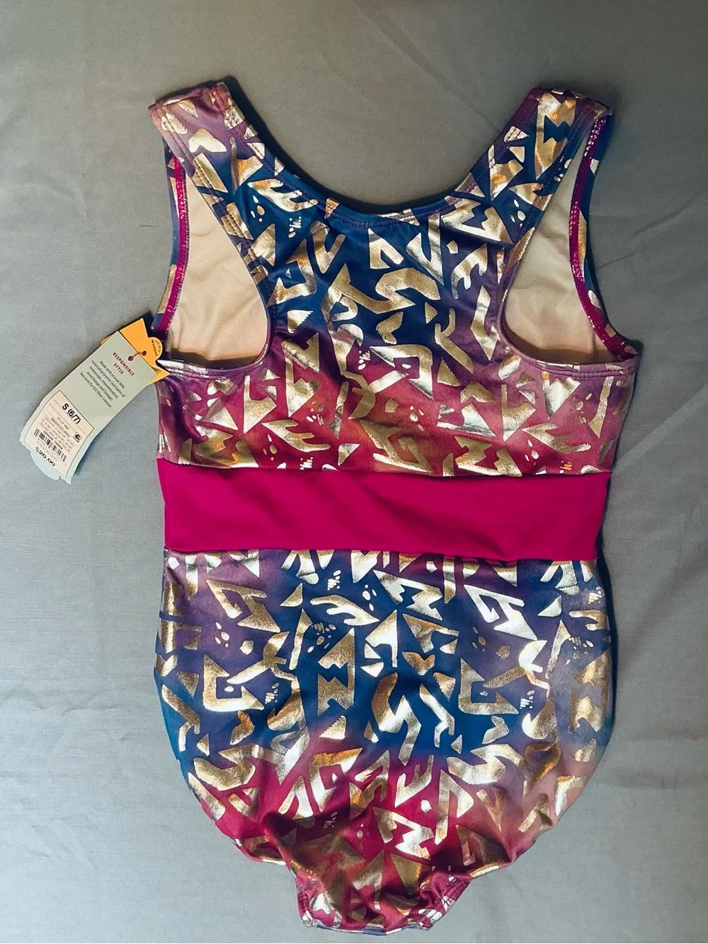 Girls' Purple Metallic Geo-Print One-Piece Swimsuit with Magenta Waist size 6
